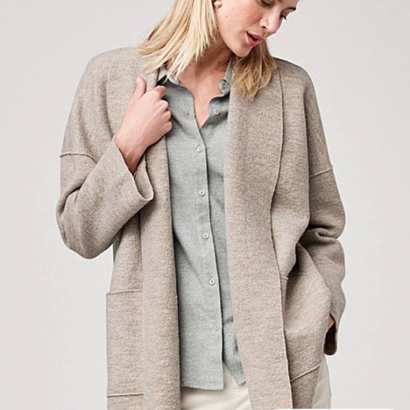EILEEN FISHER NWT The Icons Kimono Jacket Cardigan Open Front Wool Beige Size XL - Picture 1 of 9